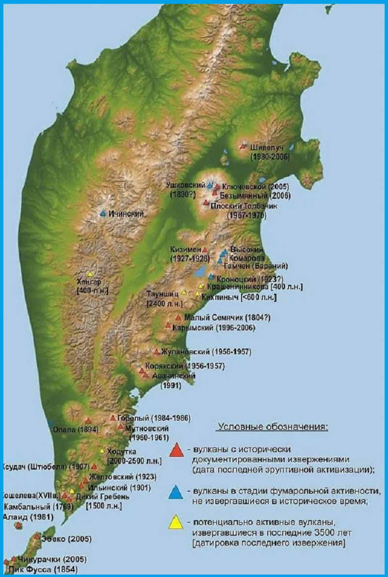 Действующие, активные вулканы Камчатки